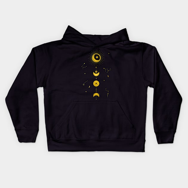 Crescent - Moon and Constellations Sacred Geometry (Gold Edition) Kids Hoodie by Lumos19Studio